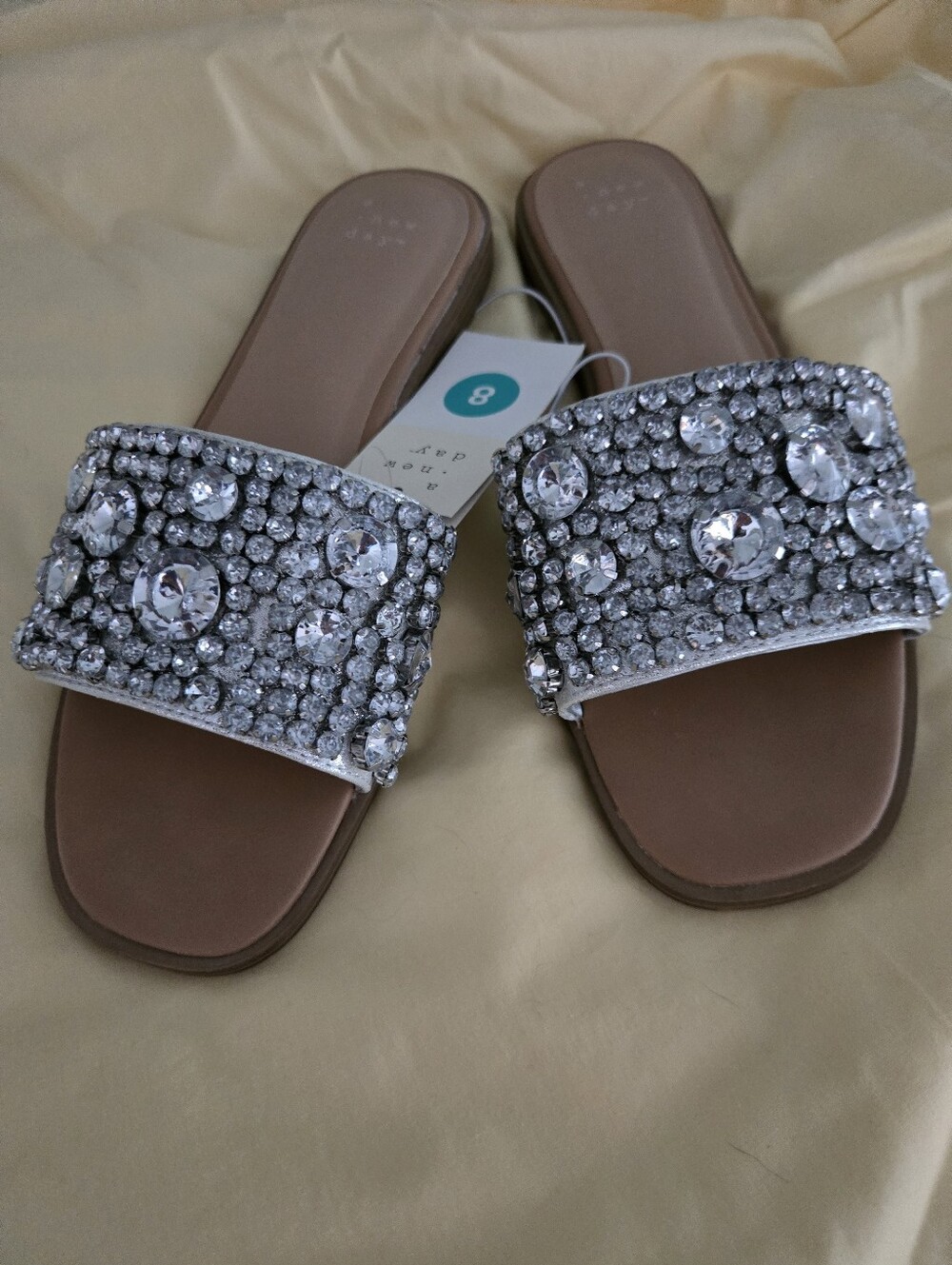 New Women's Nylah Rhinestone Slide Sandals - A New Day Silver Size 8